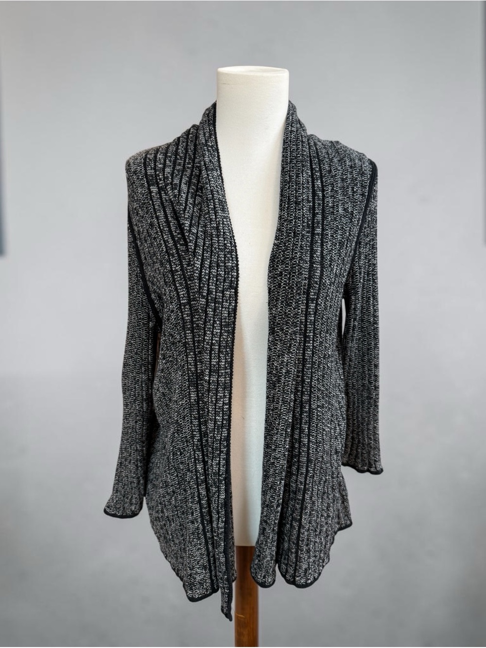 Dana Buchman Marled Open-Front Rib Knit Cardigan - Black & Gray SZ S